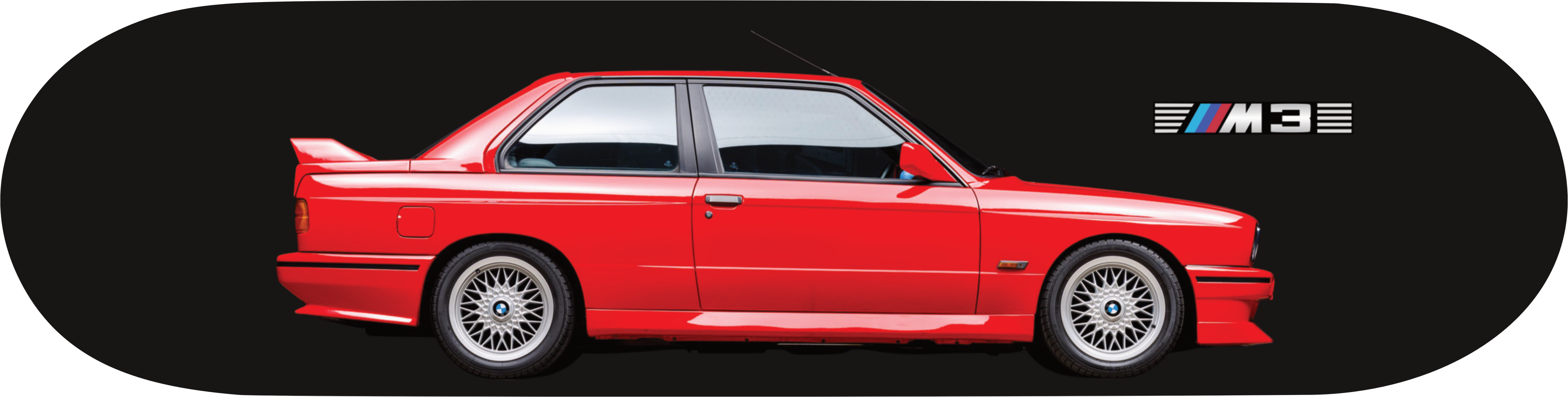 BMW M3 red, classic skateboard garage art