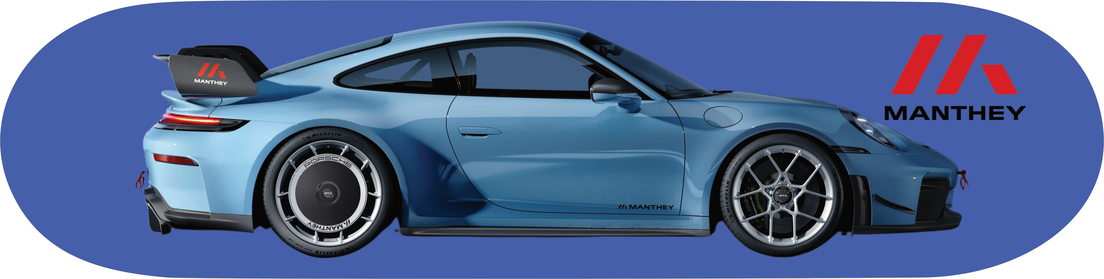 Porsche 911 Manthey lt Blue, classic skateboard garage art