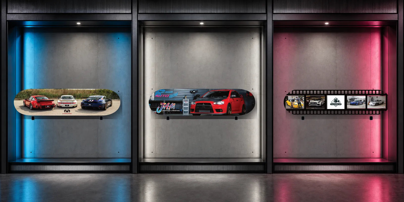 Three partner deck collaborations displayed in a gallery wall