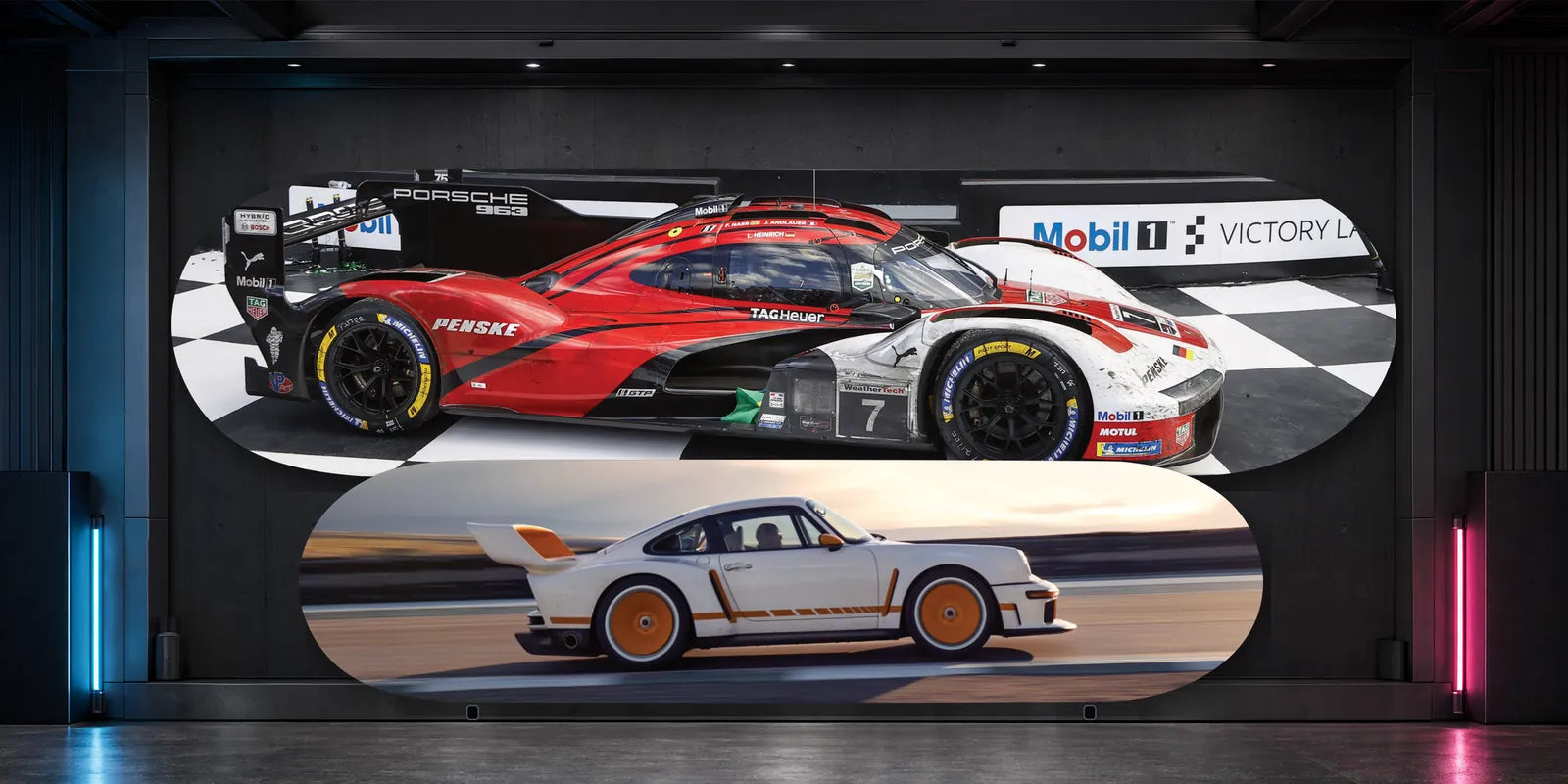 Porsche deck art displayed in a dark automotive gallery